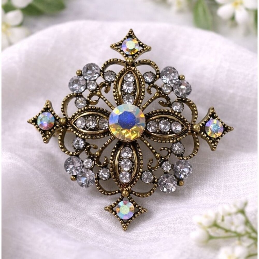 Vintage Victorian-Inspired Crystal Rhinestone Gold-Tone Cross Brooch Pin